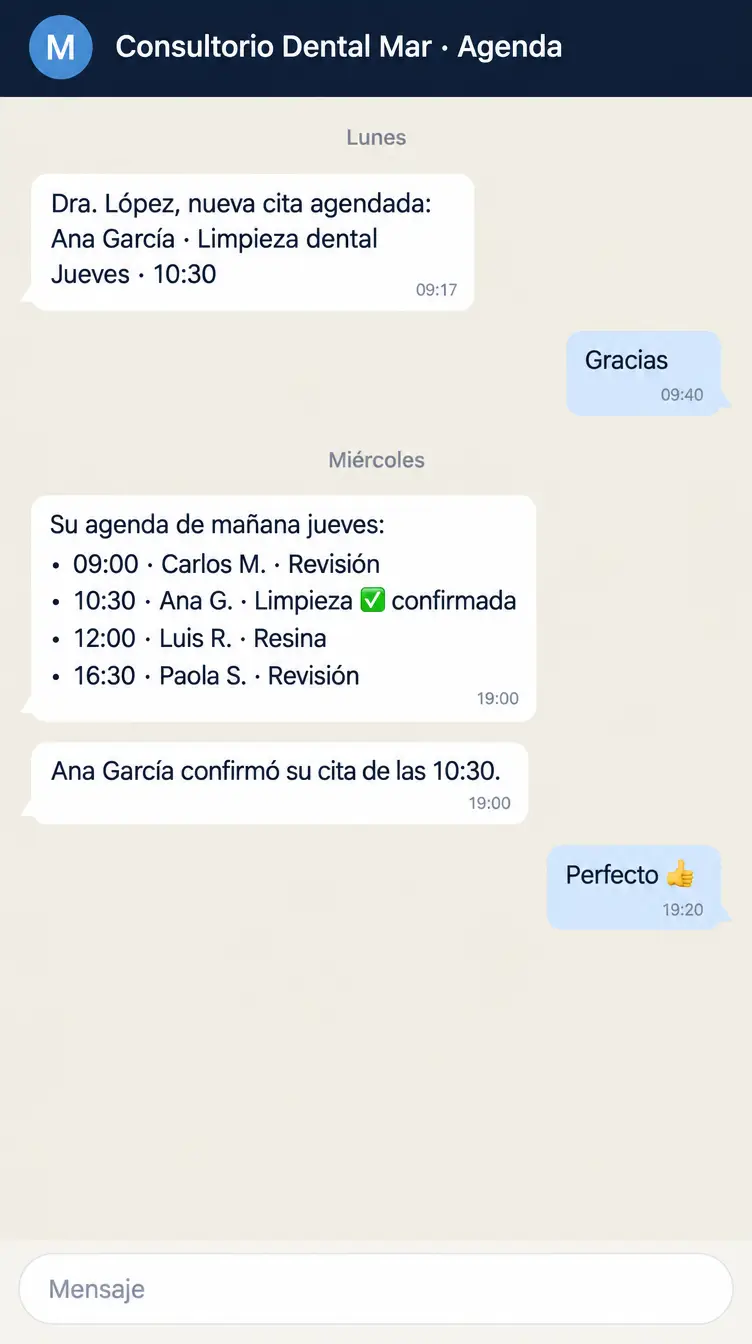 Conversación de ejemplo: el asistente avisa a la Dra. López de la nueva cita y la noche anterior le manda su agenda del jueves con la cita ya confirmada.