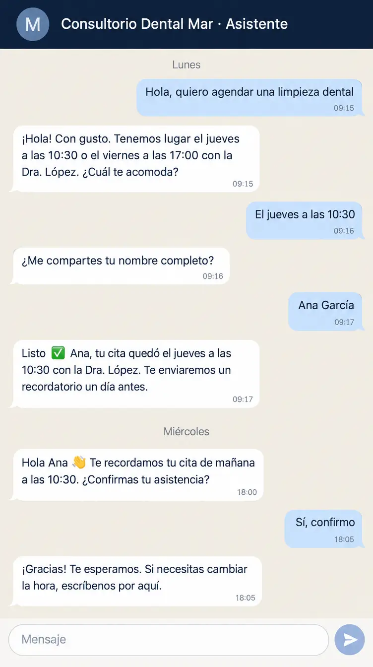 Conversación de ejemplo: una paciente pide una limpieza dental, el asistente agenda el jueves a las 10:30 con la Dra. López y un día antes le manda el recordatorio, que ella confirma.